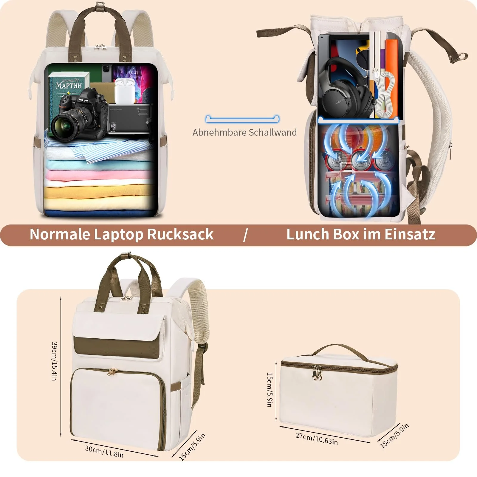 Рюкзак для ноутбука BERTASCHE Lunch 15.6 дюймів з термосумкою 2-в-1 Бежевий, фото №2 Рюкзак для ноутбука BERTASCHE Lunch 15.6 дюймів з термосумкою 2-в-1 Бежевий, фото №2