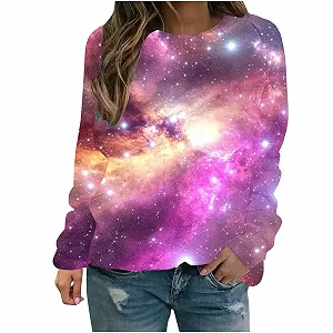 Лонгслив Komiseup Galaxy Женский с длинными рукавами, круглым вырезом, 3D-принтом галактики, модный пуловер со звездным небом, большие размеры, уличная одежда, 17 - Фото 1