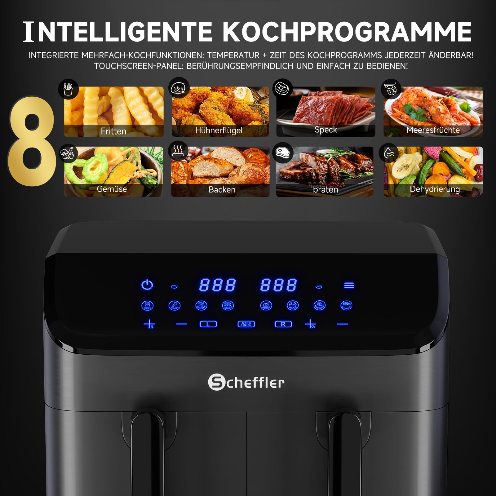 Фритюрница горячего воздуха Scheffler 2 камеры 9 л (2 x 4,5 л) 2000 Вт с двумя отделениями Double Cook & Sync Finish 8 программ сенсорный экран фритюрница XXL без масла, фото №3