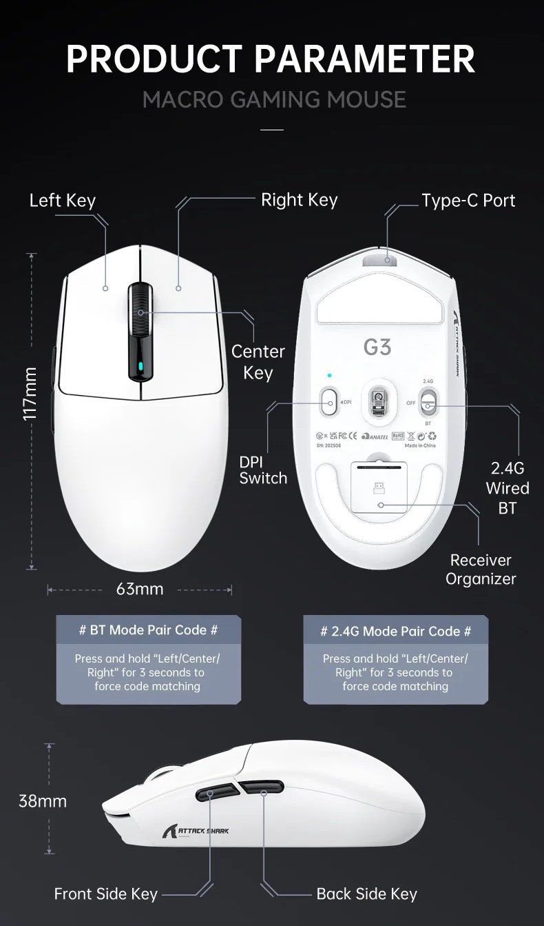 Миша Attack Shark G3 White 25000DPI PAM3311 Wireless Bluetooth, фото №14