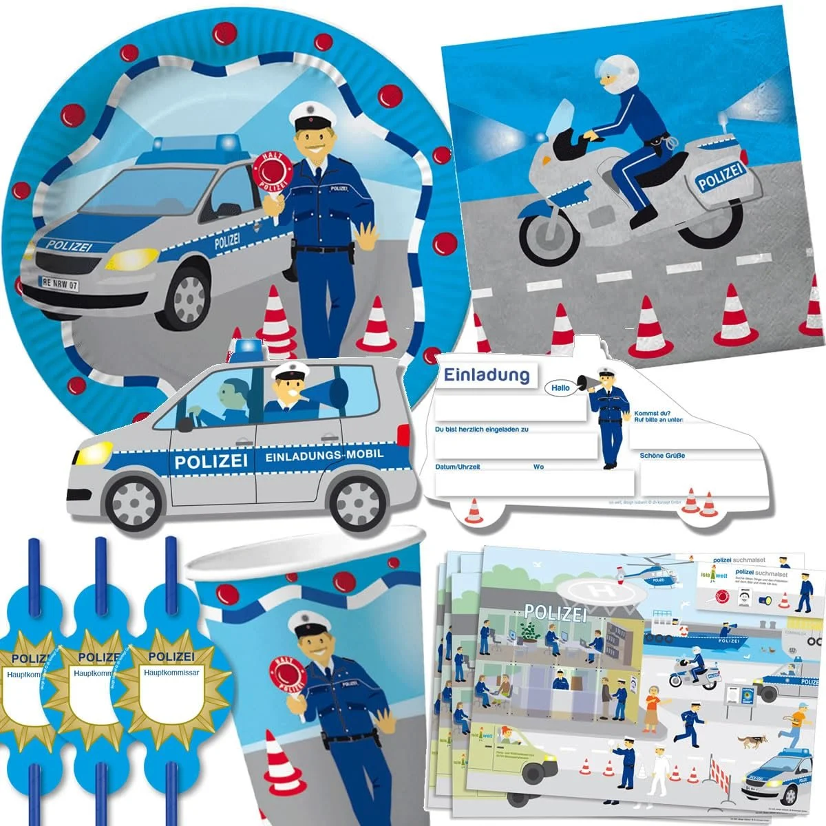 Набір посуду для вечірки Поліція, 90 предметів для дитячих свят: тарілки, стакани, серветки, запрошення, підкладки, паперові соломинки, повітряні кулі, фото №1