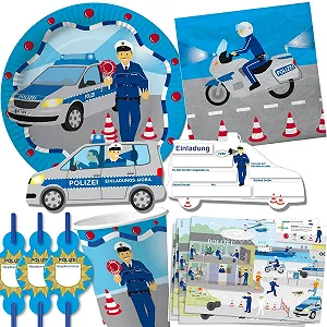Набір посуду для вечірки Поліція, 90 предметів для дитячих свят: тарілки, стакани, серветки, запрошення, підкладки, паперові соломинки, повітряні кулі - Фото 1