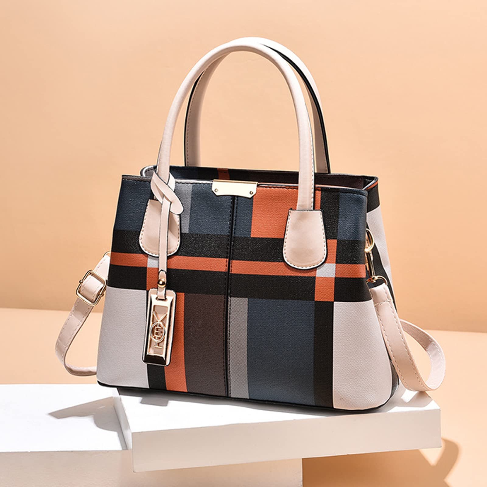 Сумка NICOLE & DORIS Классическая Клетчатая из PU кожи с подвеской, абрикосовая, фото №3