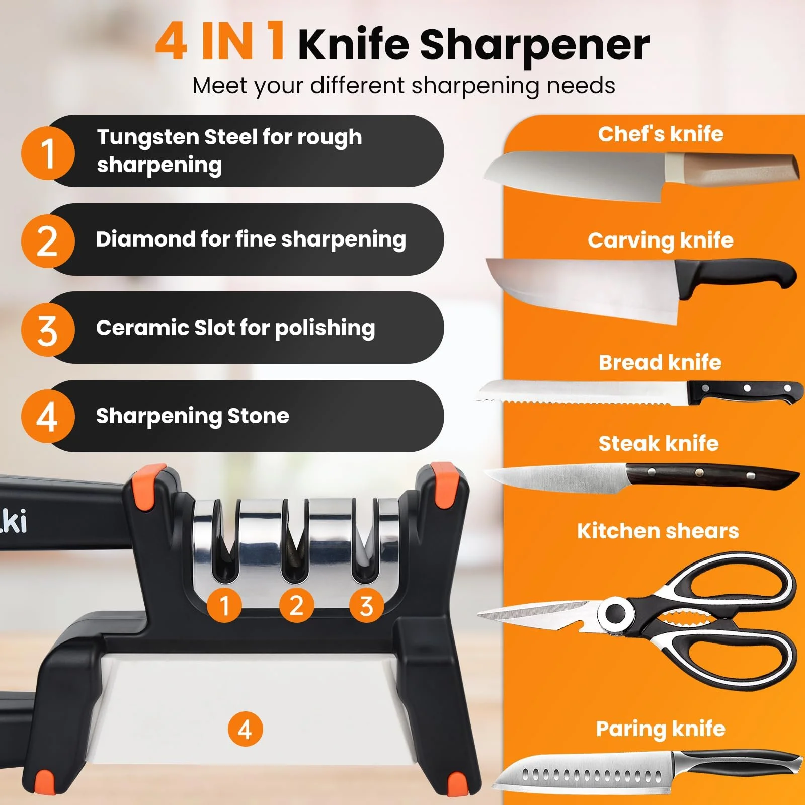Точилка для ножів OTraki 4-в-1 ручна зі змінним точильним каменем, фото №2
