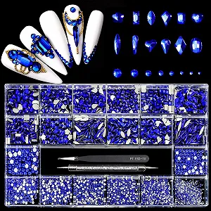 Микс бриллиантов 12 типов 600 + 2500 плоских страз 20 стилей плоская задняя часть кристаллы страз 3D декорации набор камней для дизайна ногтей DIY (синий) - Фото 1