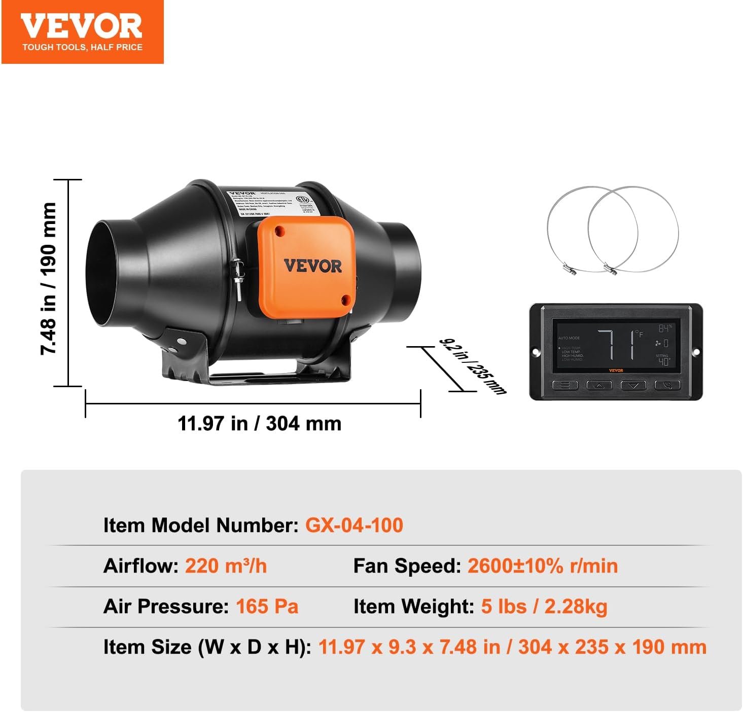 Канальний вентилятор VEVOR GX-04-100 / 100 мм / 340 м³/год / 23 Вт / 29 дБ / Чорний, фото №2 Канальний вентилятор VEVOR GX-04-100 / 100 мм / 340 м³/год / 23 Вт / 29 дБ / Чорний, фото №2