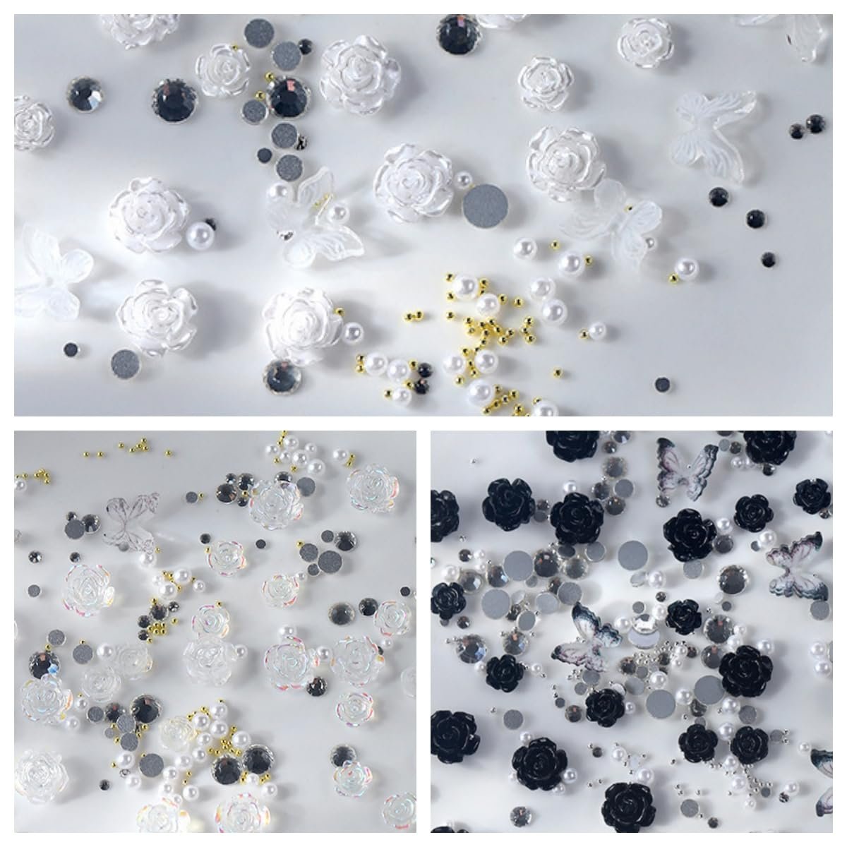 3D Квітка Підвіски для нігтів, Білий Чорний Прозорий, фото №3