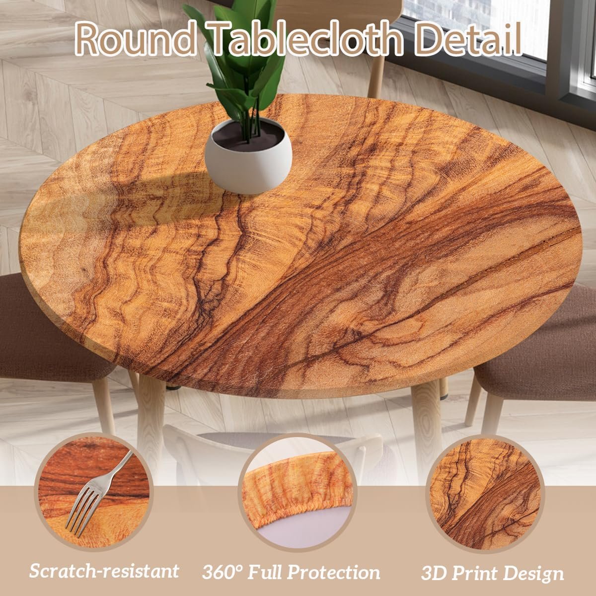 Скатертина Odot кругла еластична 3D-принт Wood Grain 80 см для столу 70-75 см, фото №5