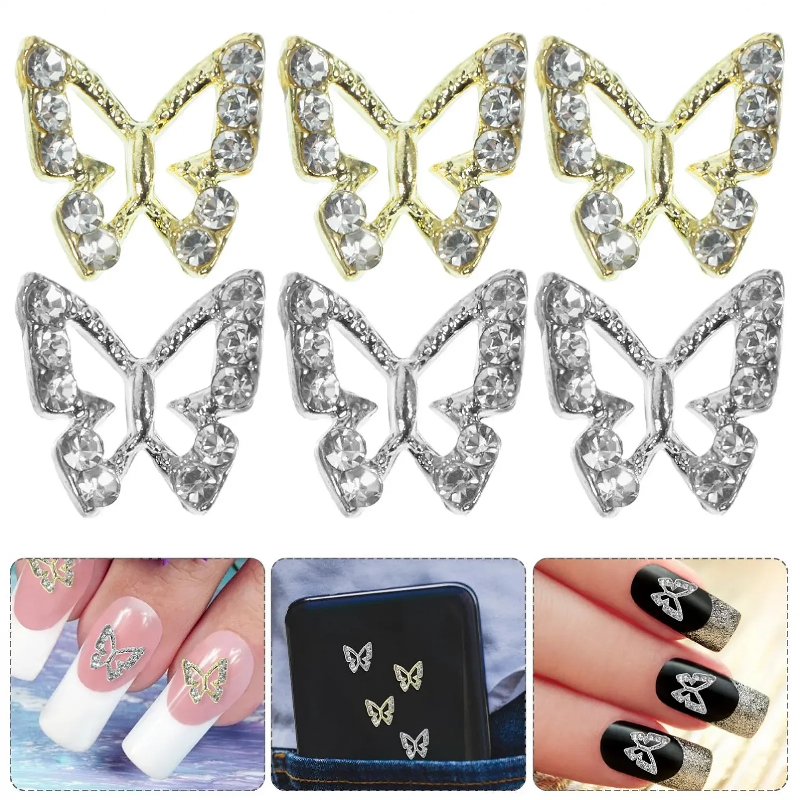 Підвіски у вигляді метеликів POPETPOP 3D, 40 шт., металевий сплав, стрази, блискучі прикраси для манікюру для щоденного використання на весіллях та вечірках, фото №3