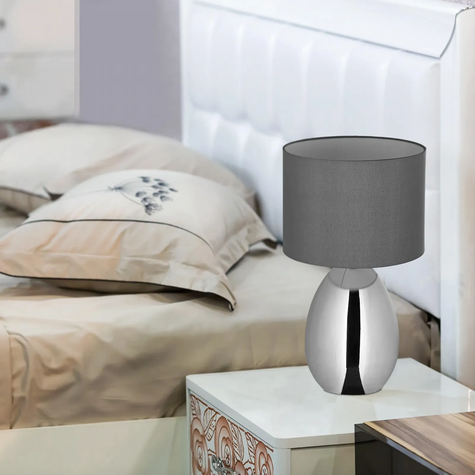 Настільна лампа Relaxdays Металева основа Тканинний абажур E14 33.5 x 18 см Срібляста/Сіра, фото №3