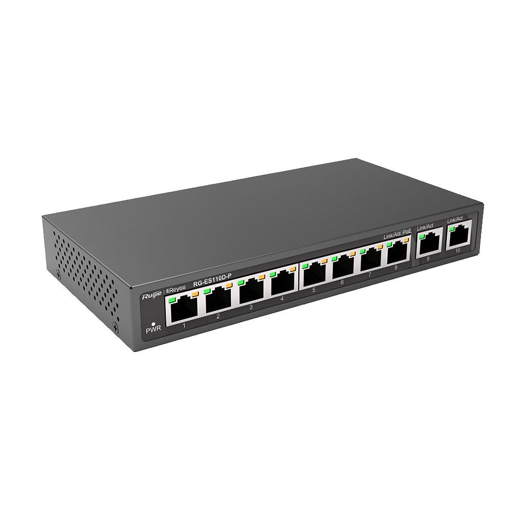Коммутатор Ruijie Reyee RG-ES110D-P 8xFE PoE 2xGE uplink столовий безшумний max 110W, фото №1