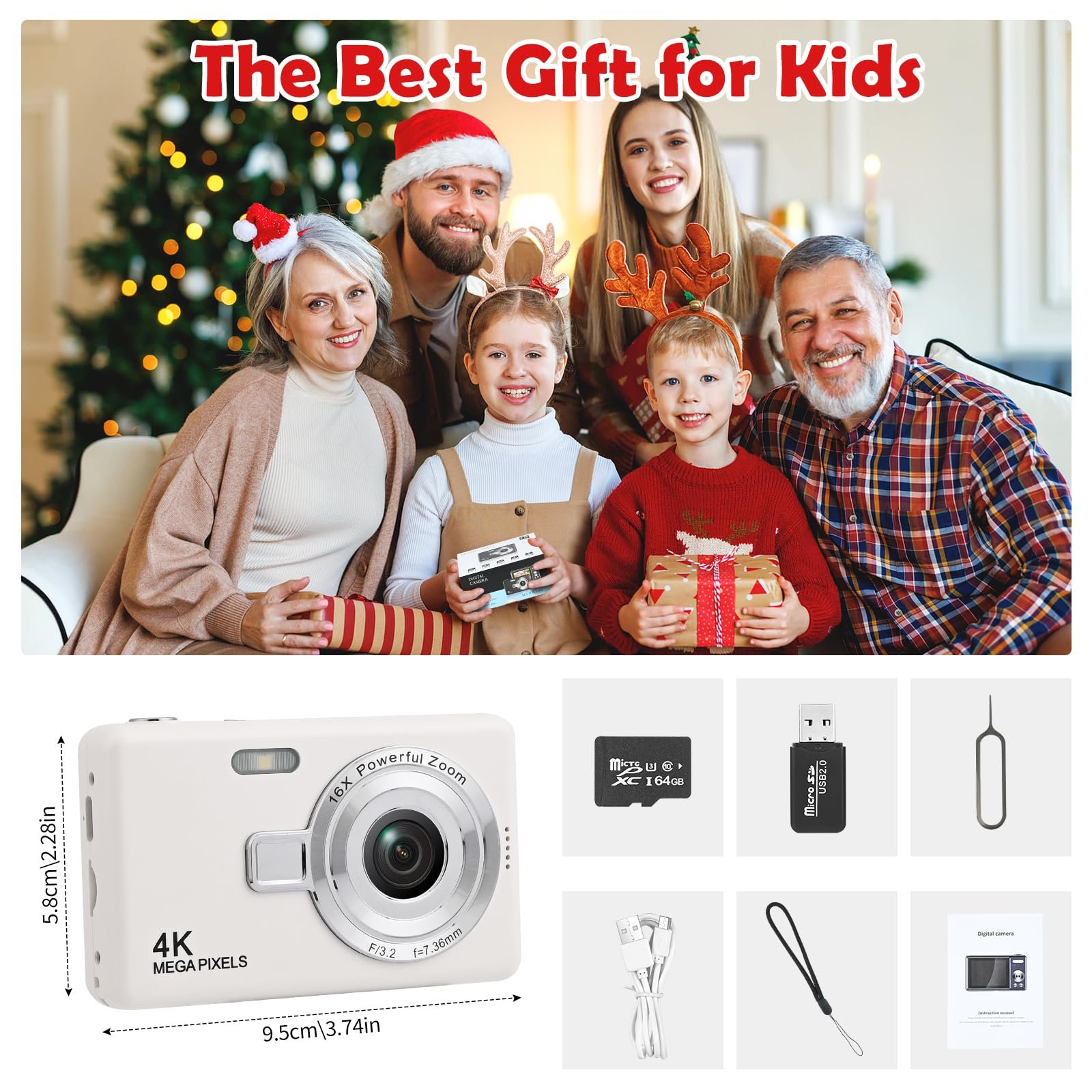 Цифровая Фотокамера 40MP 1080P FHD с картой 64 GB, 2.4-дюймовым LCD, 8X Digital Zoom (Белая), фото №7