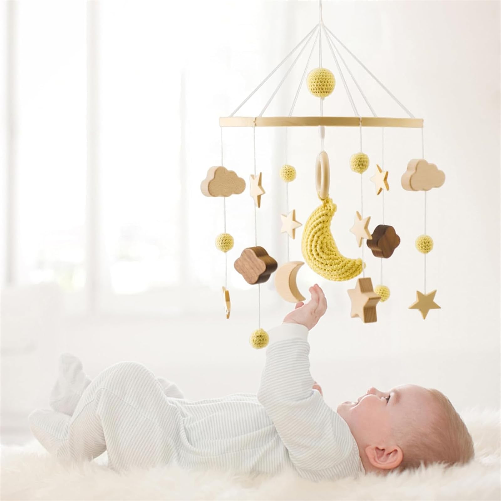Мобильные подвески Baby Wind Chimes Bed Bell, вращающаяся мобилка, вязаная мобилка, успокаивающая игрушка для сна, деревянная подвеска для девочек и мальчиков (ракеты), фото №6