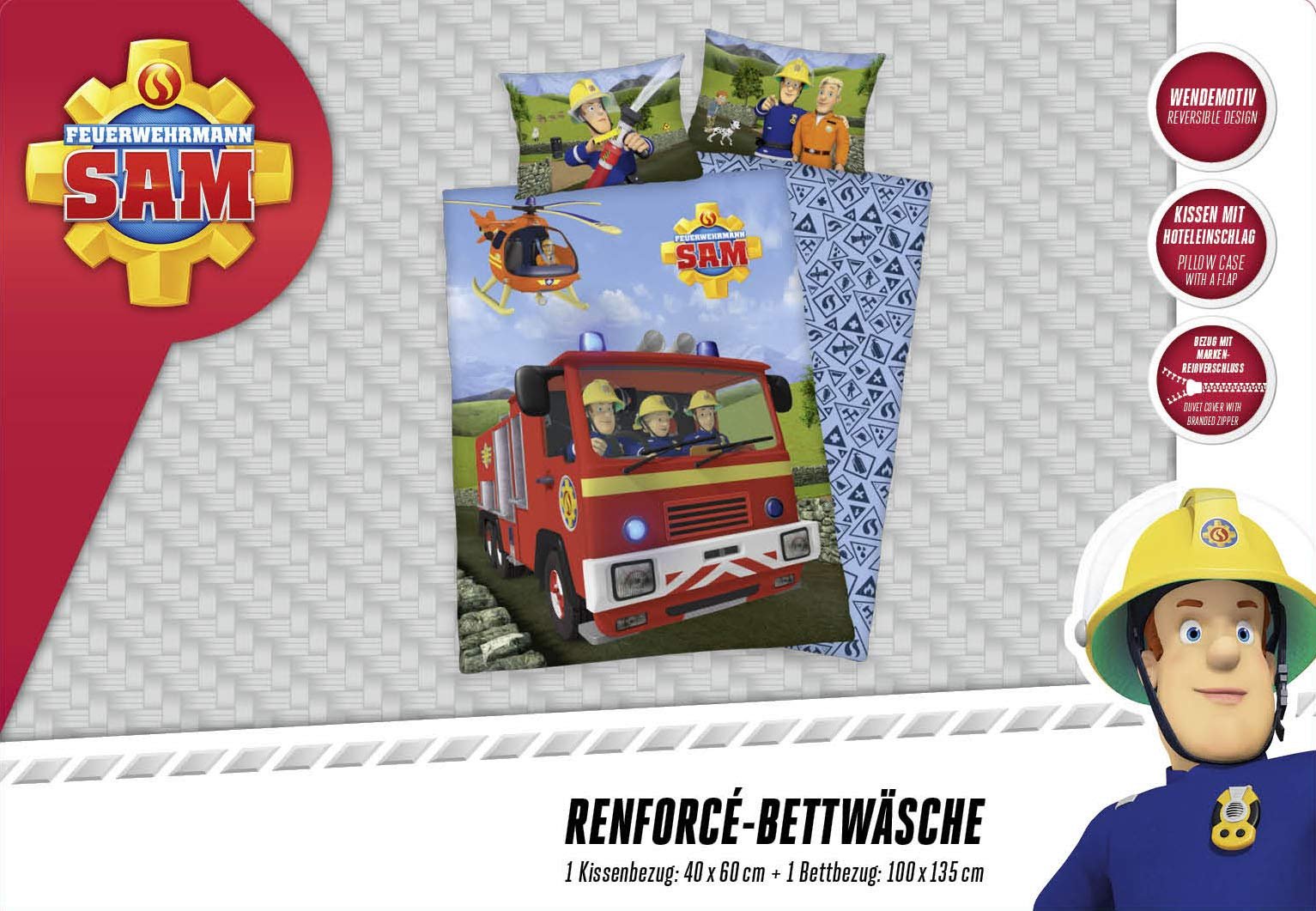 Комплект постільної білизни Herding Fireman Sam, двосторонній мотив, наволочка 40 x 60 см, підодіяльник 100 x 135 см, бавовна/рефорс, фото №6