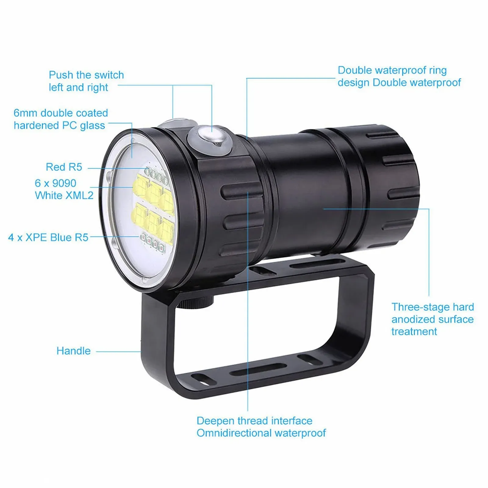 Фотоліхтарик для дайвінгу LED з 7 режимами освітлення для підводних печер, уламків кораблекрушень, походів на відкритому повітрі, фото №4
