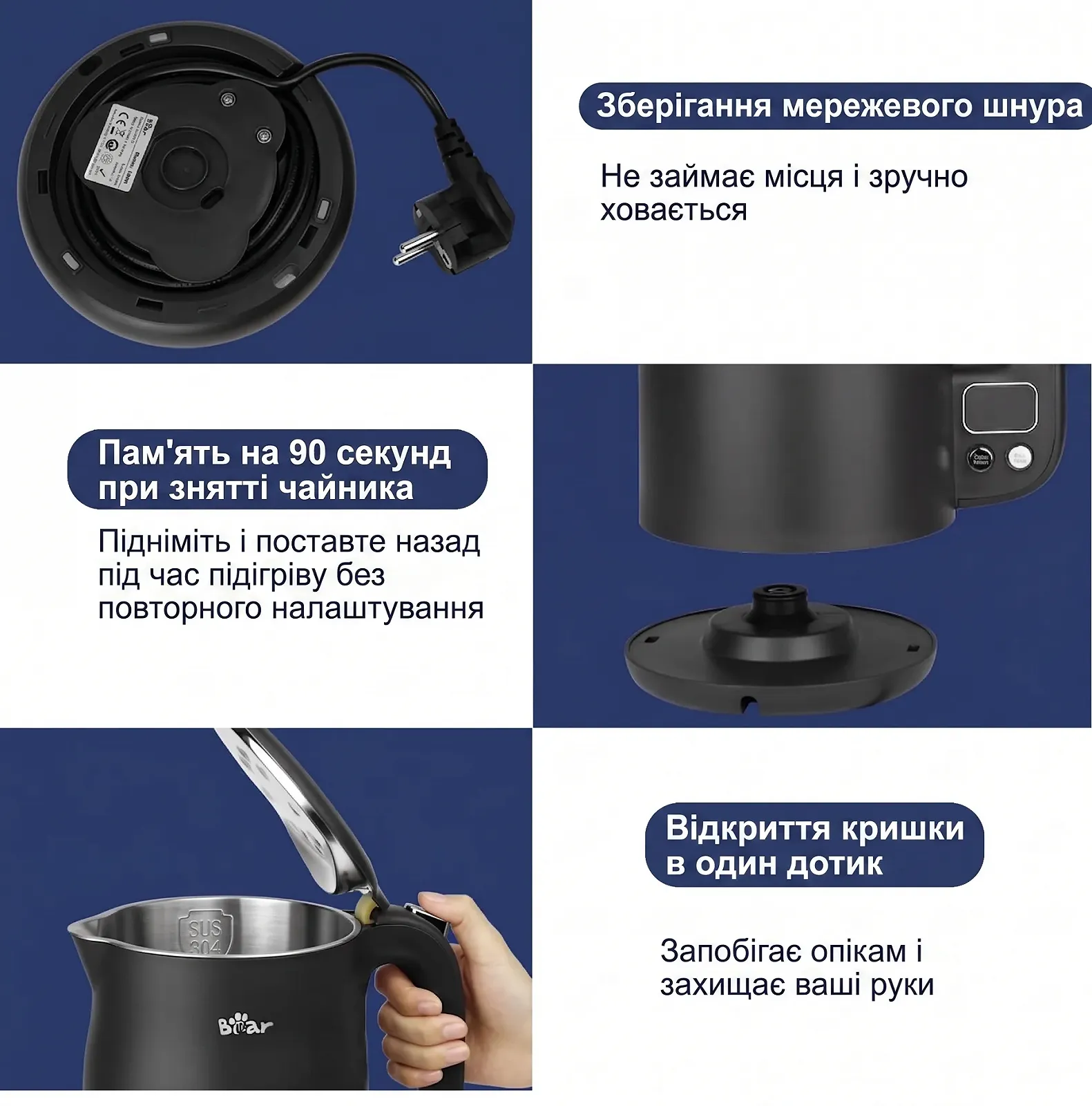 Электрочайник Bear ZDH-C17V3 / 1.7 л / 1800 Вт / Терморегулятор (40-100 °C) / LED-дисплей / Двойные стенки / Dark Gray, фото №4