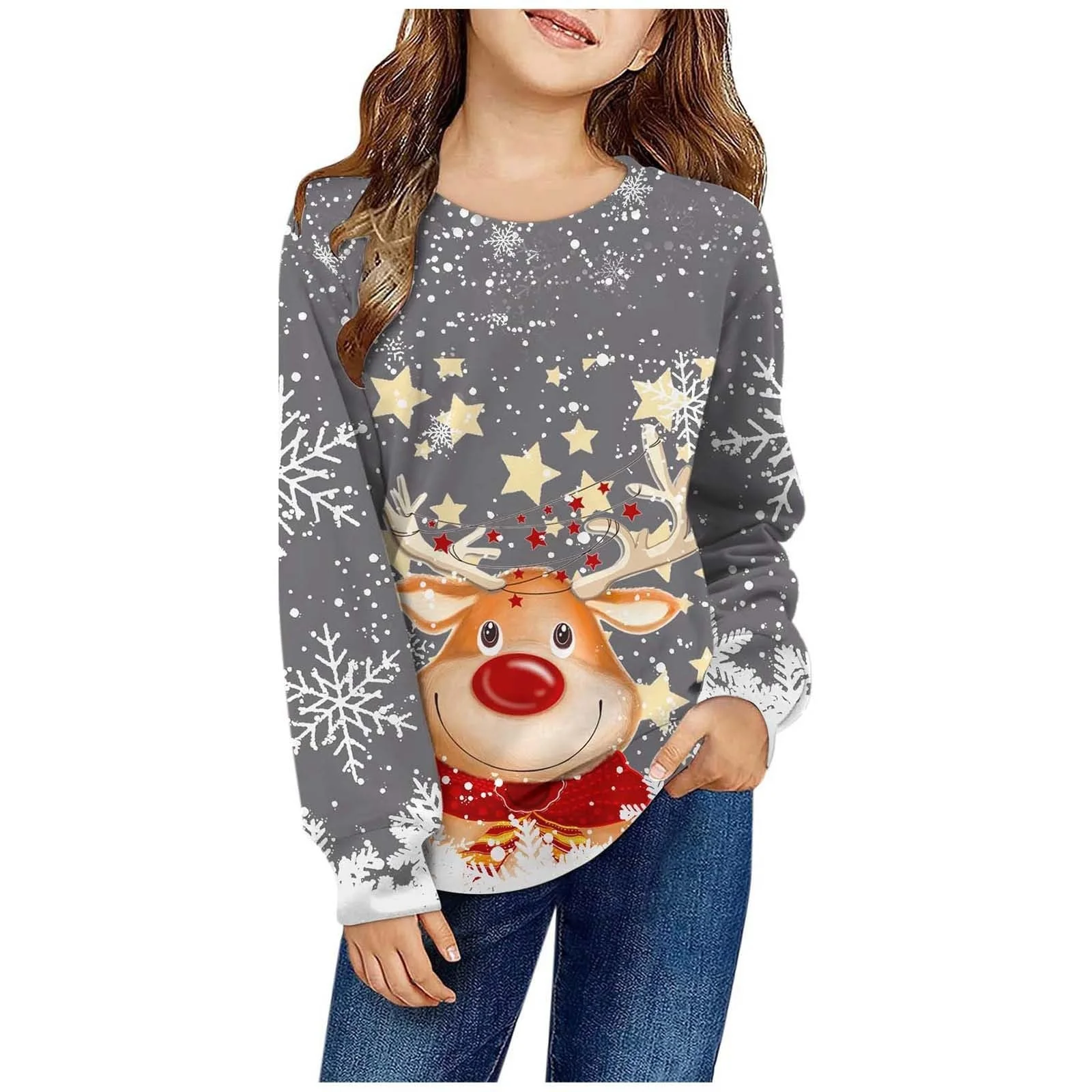 Свитшот для девочек с рождественским принтом, круглым вырезом и длинными рукавами, фото №1