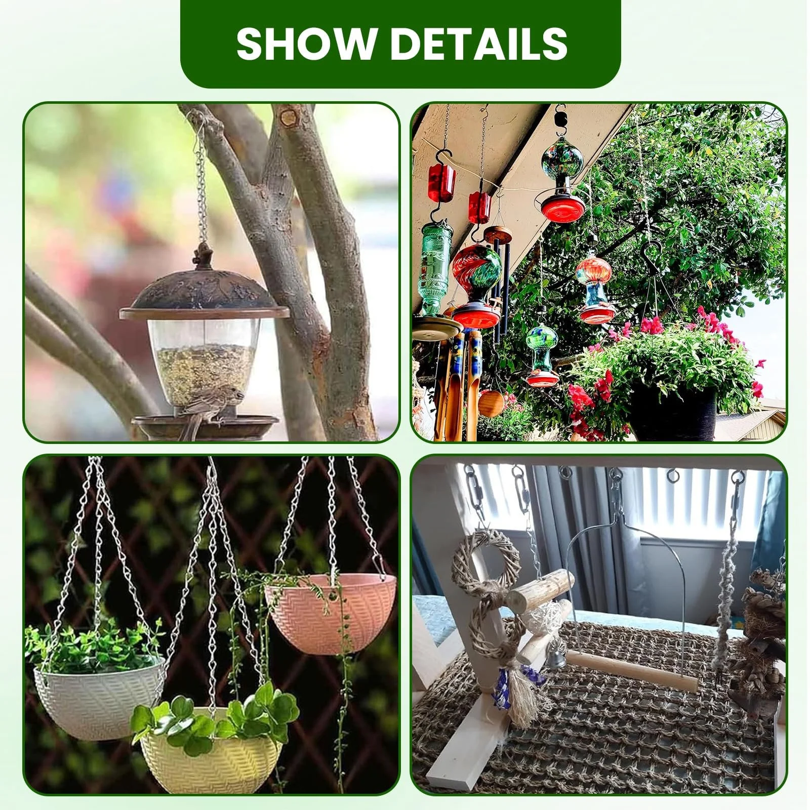 Подвесные цепи для корзин и вазонов с S-образными крючками и карабинами металлические 5 шт Черные, фото №7