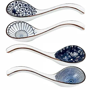 Ложка для супа керамическая (4 шт) с длинной ручкой для рамена, азиатская ложка для супа, японская ложка для супа для рамена, фо, мисо, вонтона, лапши, риса - Фото 1