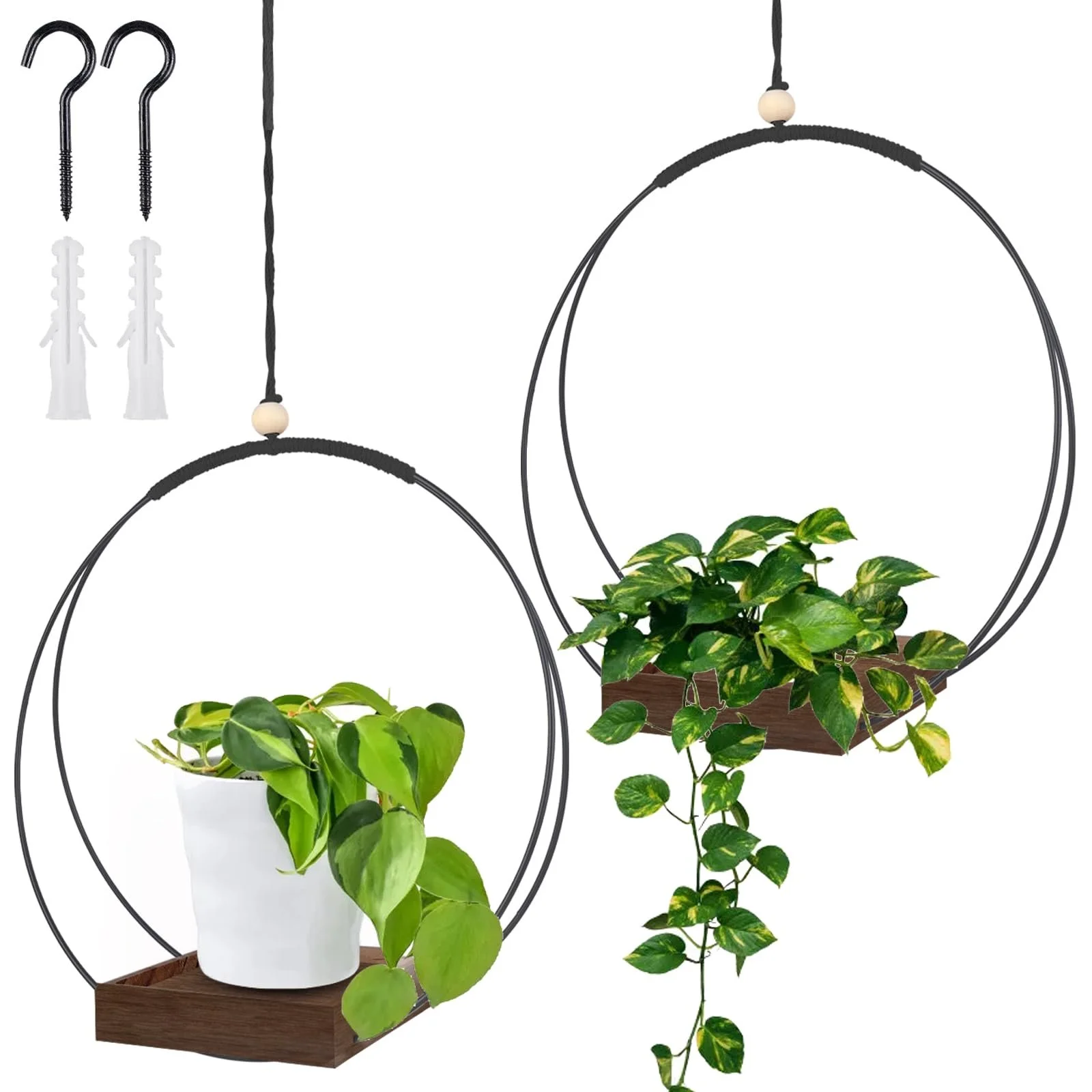 Набір підвісних кошиків макраме з дерев'яною основою, 2 шт., 93 см, Чорний/Коричневий, фото №1