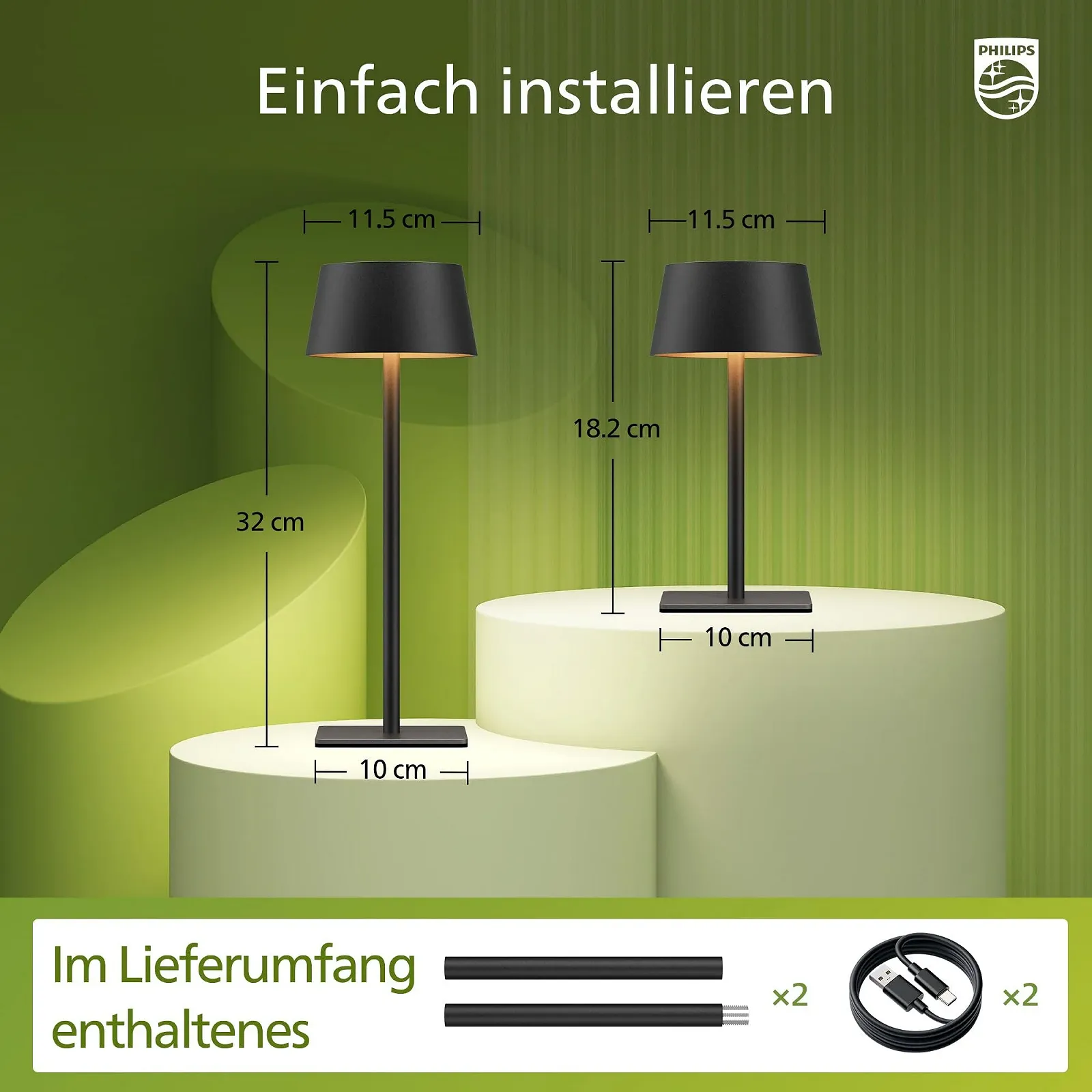 Настільна лампа Philips Solar на сонячній батареї портативна світлодіодна акумуляторна з 2 рівнями регулювання висоти сенсорна вологозахищена Чорний, набір з 2 шт., фото №5