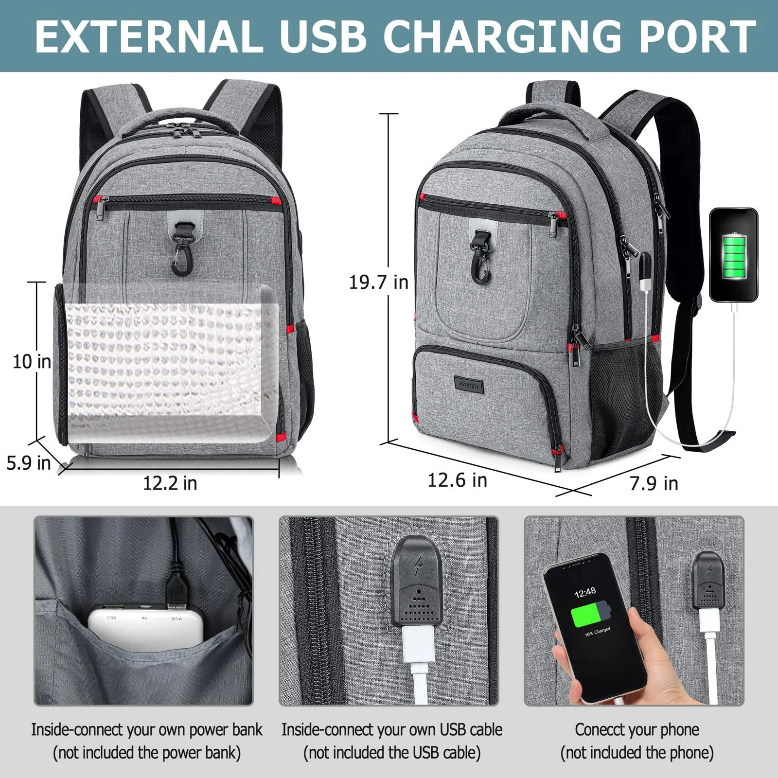 Рюкзак для ноутбука с отделом для ланча 17.3 Inch Large USB Charging Port Waterproof Anti-Theft Gray, фото №4 Рюкзак для ноутбука с отделом для ланча 17.3 Inch Large USB Charging Port Waterproof Anti-Theft Gray, фото №4
