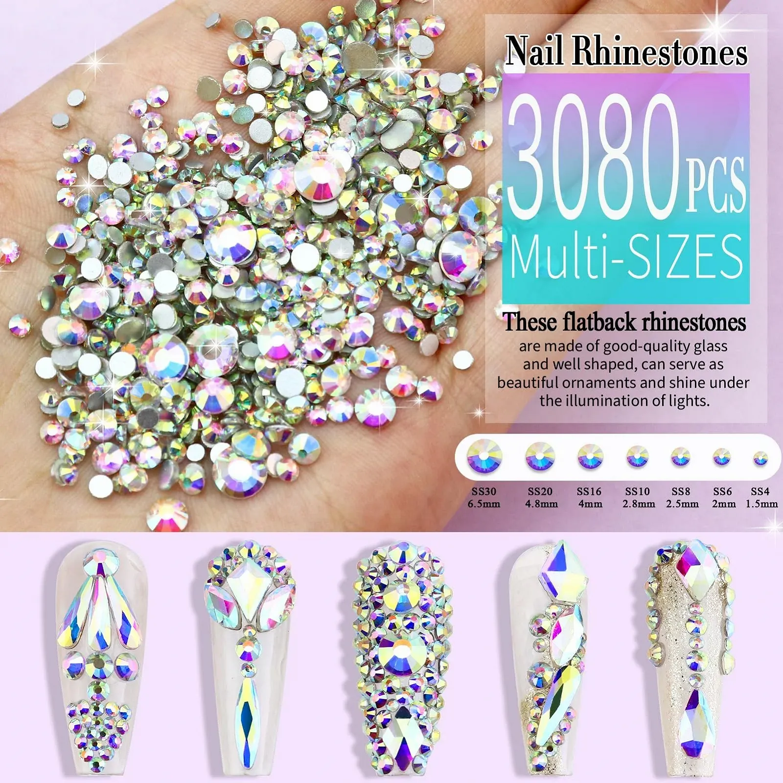 Стразы для ногтей Dowarm Хрустальные стеклянные с плоским дном 3200 шт., Набор 3D страз различных форм для дизайна ногтей (Crystal AB), фото №3