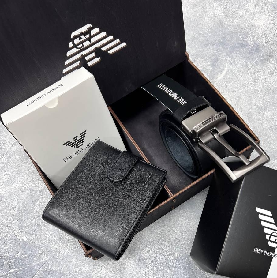 Мужской набор Armani ремень и кошелёк из натуральной кожи в подарочной упаковке, фото №1