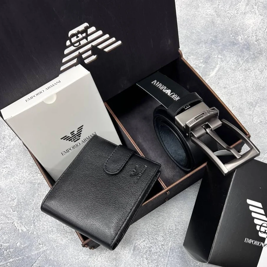 Чоловічий набір Armani ремінь і гаманець з натуральної шкіри в подарунковій упаковці, фото №1 Чоловічий набір Armani ремінь і гаманець з натуральної шкіри в подарунковій упаковці, фото №1