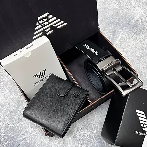 Мужской набор Armani ремень и кошелек из натуральной кожи в подарочной упаковке - Фото 1