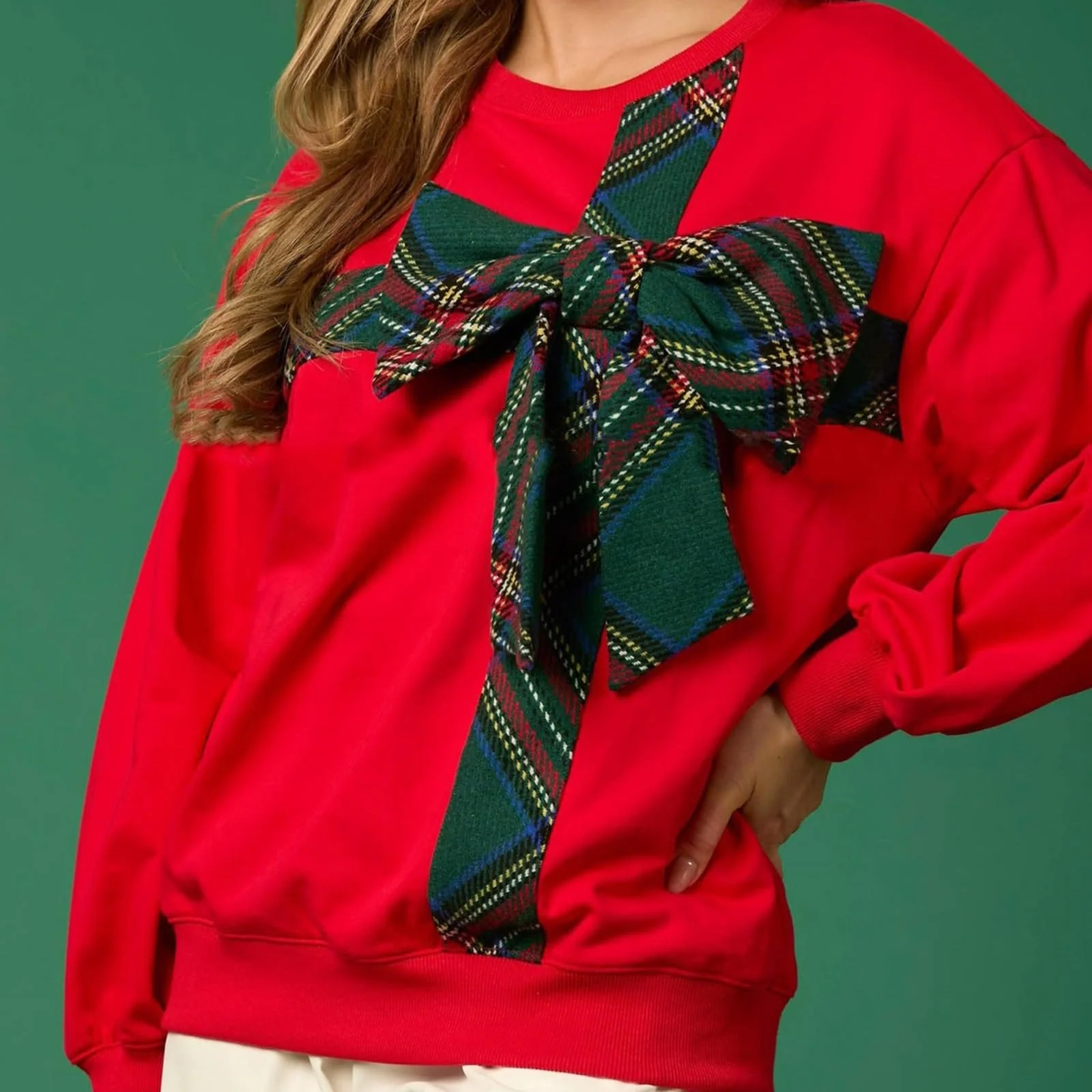 Уютный Рождественский Свитшот 2025, Женский Свитшот для Отпуска, Oversize Свитшот для Женщин, Бант, Круглый Вырез, Длинные Рукава, Пуловер, Эстетичная Винтажная Одежда, Блузка, фото №2