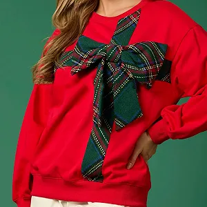 Уютный Рождественский Свитшот 2025, Женский Свитшот для Отпуска, Oversize Свитшот для Женщин, Бант, Круглый Вырез, Длинные Рукава, Пуловер, Эстетичная Винтажная Одежда, Блузка synthetic.ua - Фото 1