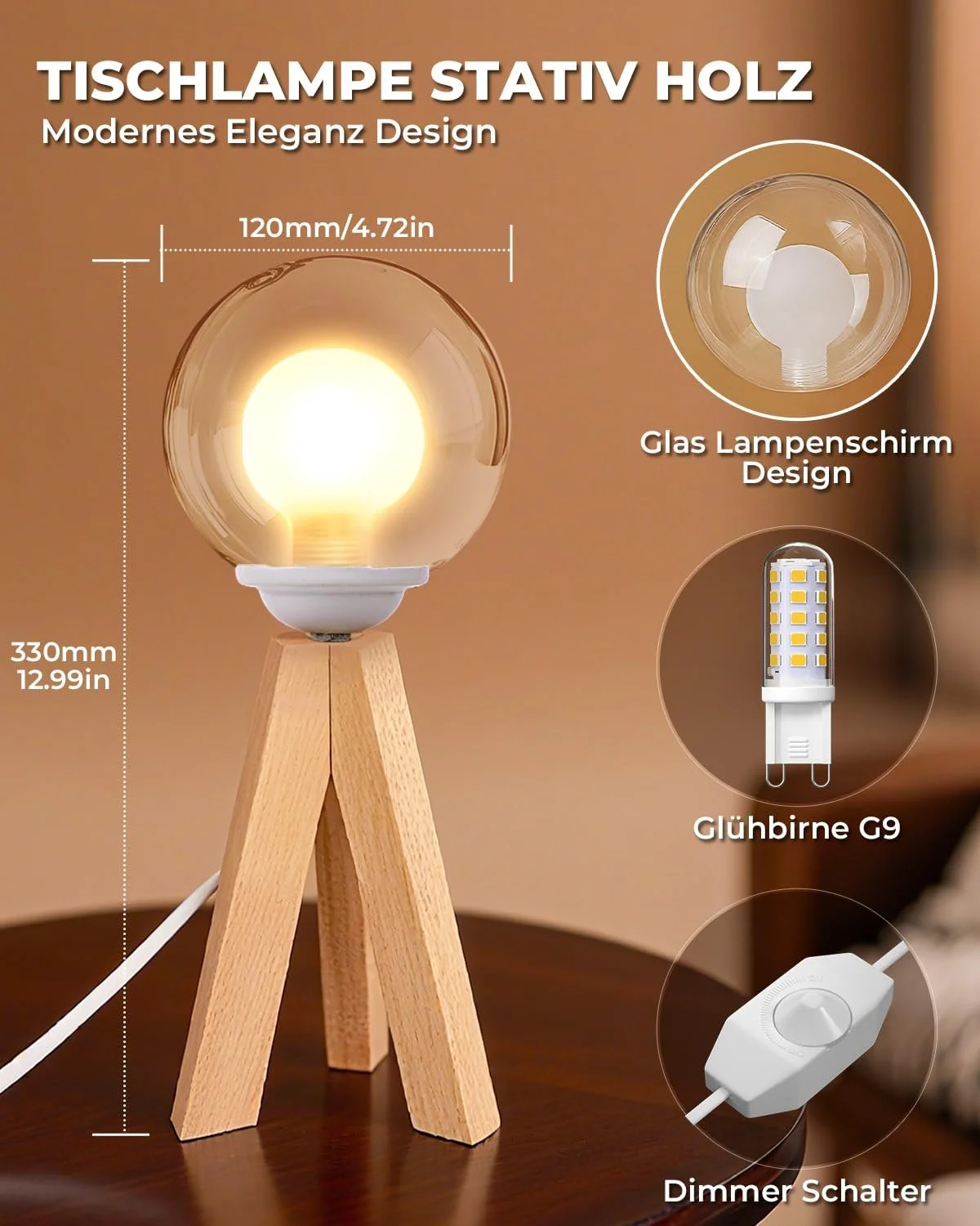 Настільна лампа Дерев'яна димована скляний плафон куля штатив G9 LED 2200 К, фото №3
