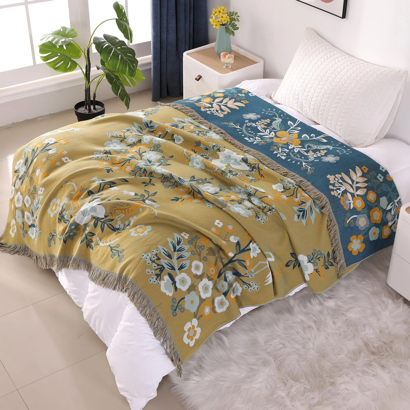Покрывало двустороннее DECMAY Большое Богемное покрывало для дивана с кисточками 100% хлопок Оливково-зеленый 150x200см, фото №7