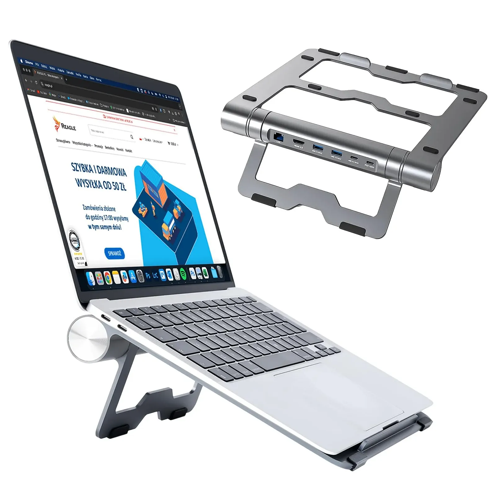 Підставка для ноутбука Reagle Регульована Складна MacBook HUB HDMI Живлення 100 Вт LAN USB-C Алюміній 10 Гбіт/с Plug and Play (Сріблястий), фото №1