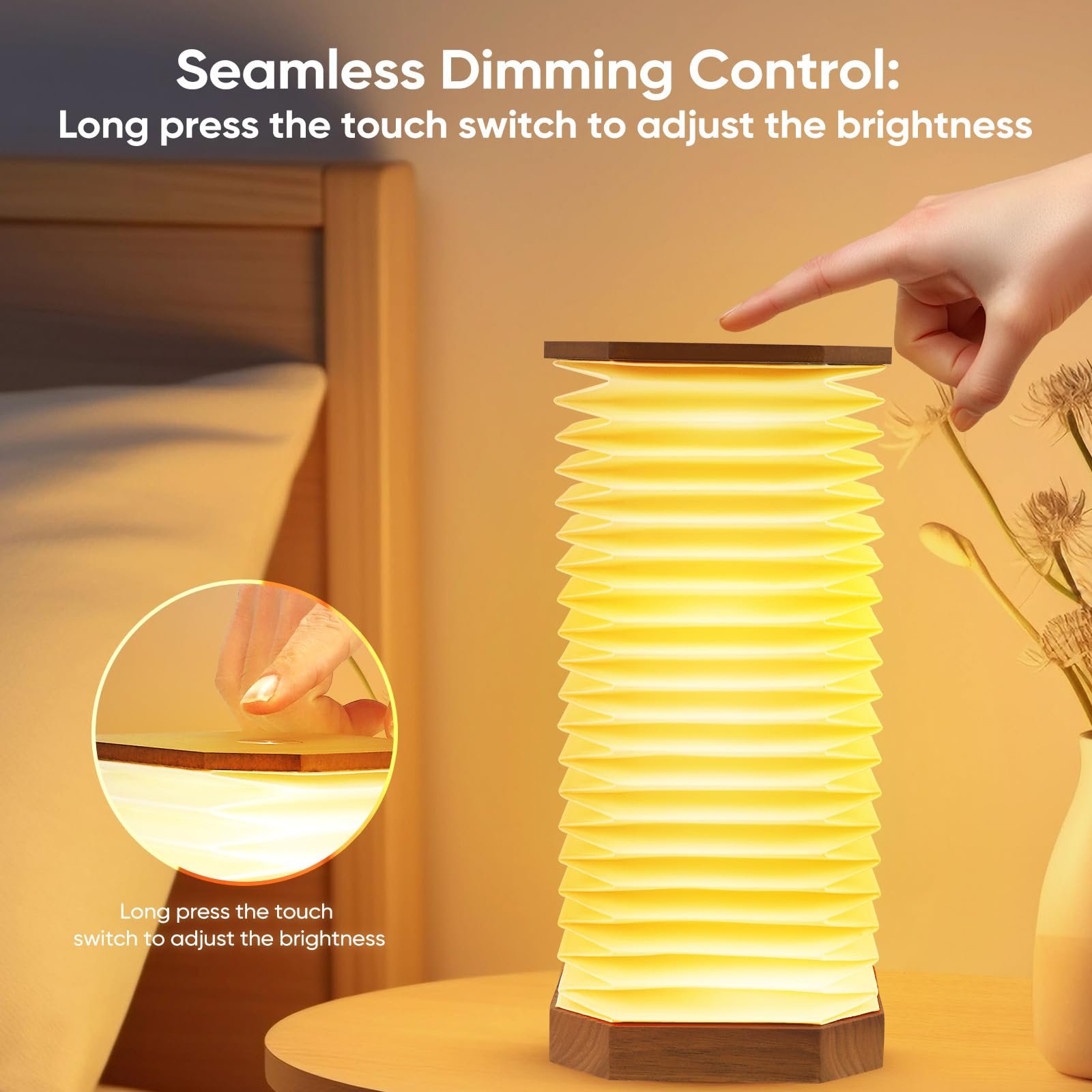 Настільна лампа Акордеон Переносна Регульована висота USB Димер Горіхове дерево, фото №3