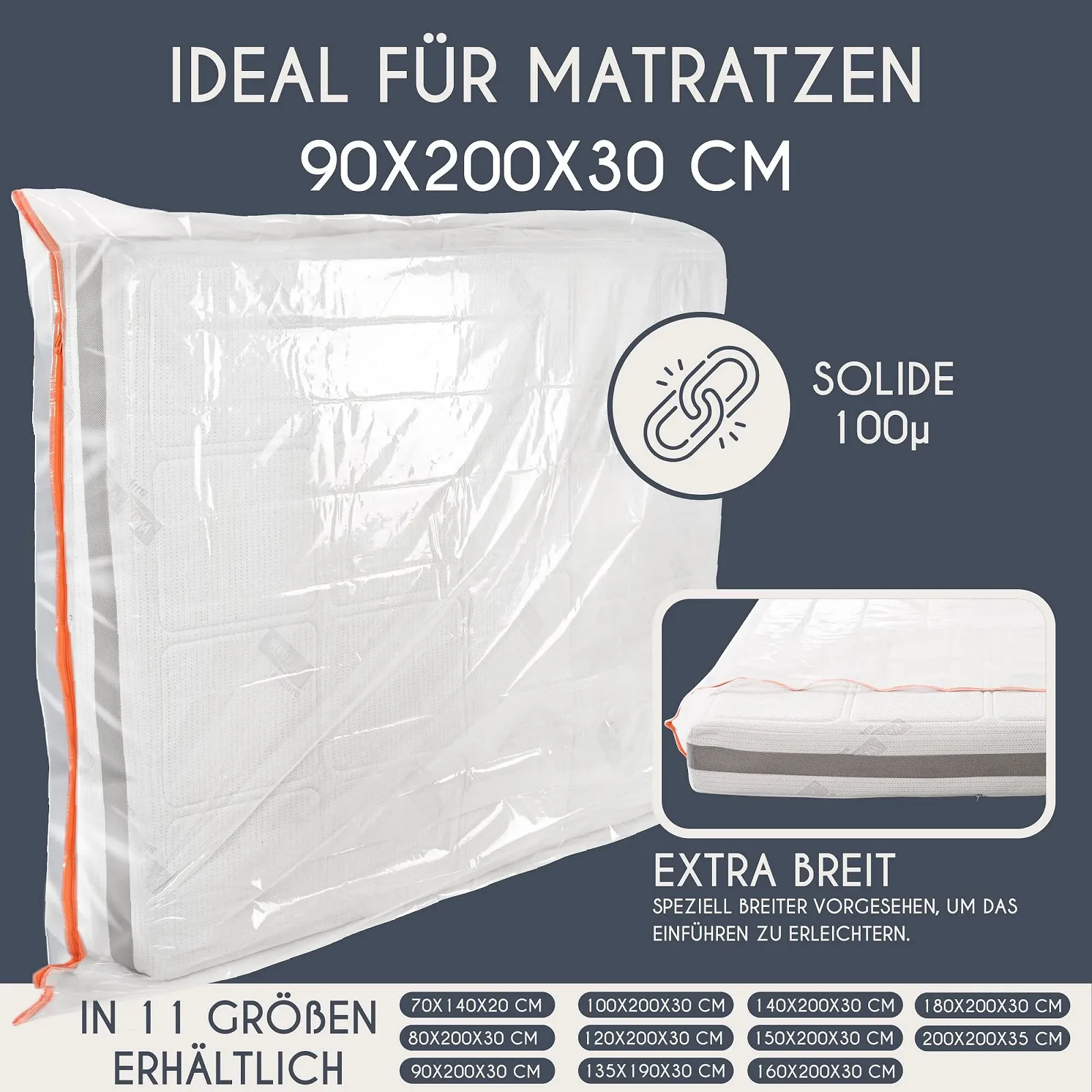 Пластиковый чехол для матраса 90 x 200 см (Толщина 30 см) Сумка для хранения матрасов, с практичной молнией, фото №2