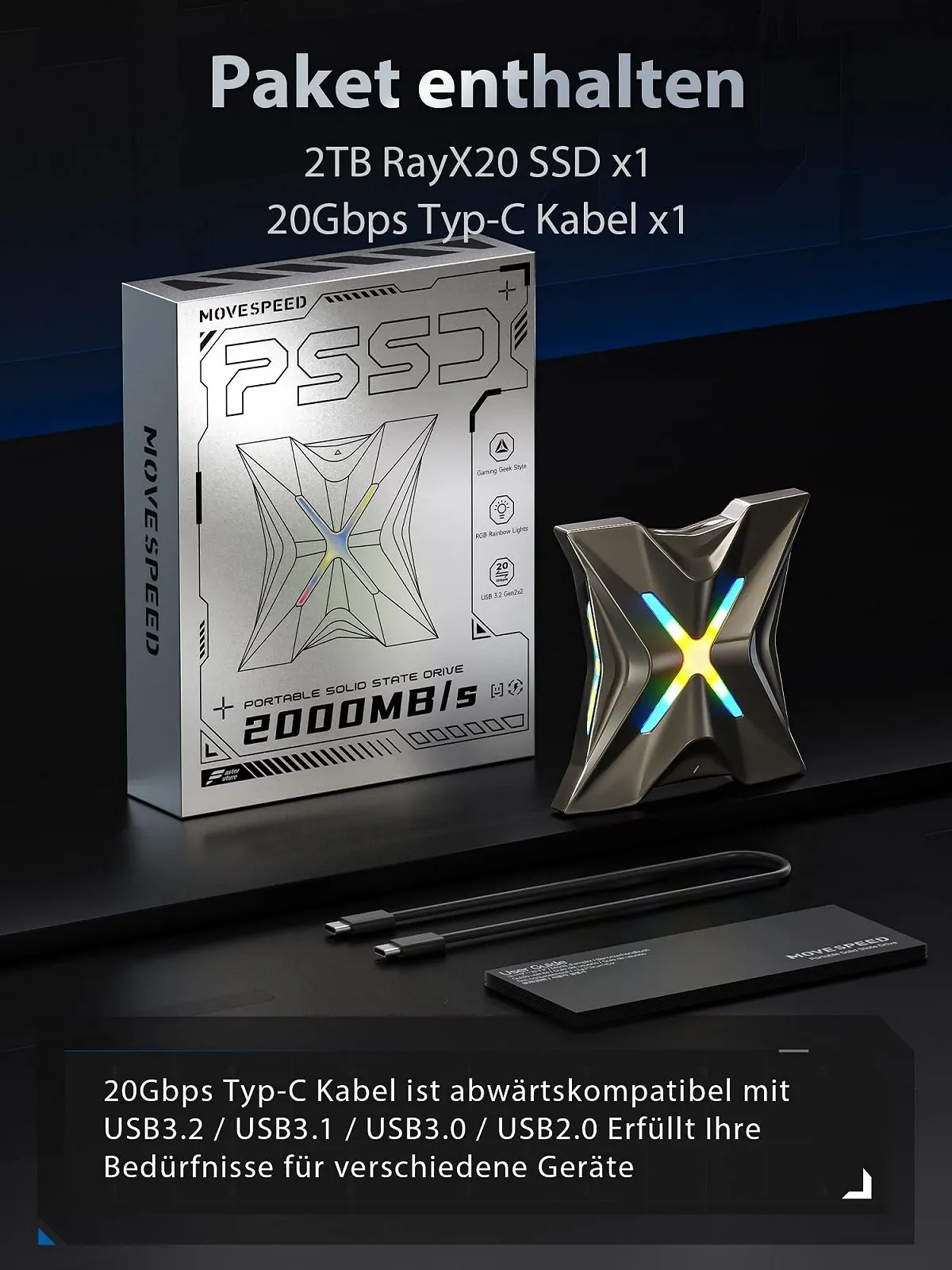 Внешний SSD-накопитель MOVE SPEED 2TB USB 3.2 Gen 2x2 Magnetic Attachment RGB Zinc Alloy, фото №6
