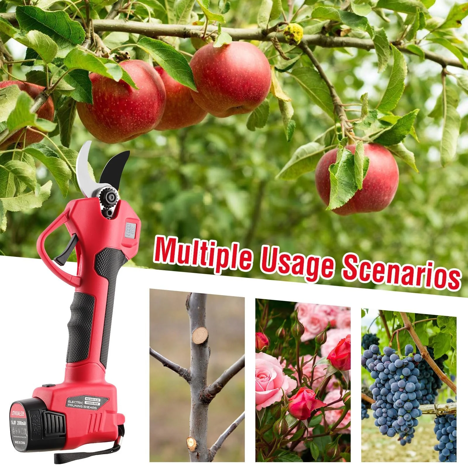 Акумуляторні сучкорізи 35 мм Електричні секатори: Електричний сучкоріз з РК-дисплеєм, Електричні садові ножиці з акумулятором 2 x 2000 мАг, для саду, парку, винограднику, оливкового дерева (червоний), фото №7