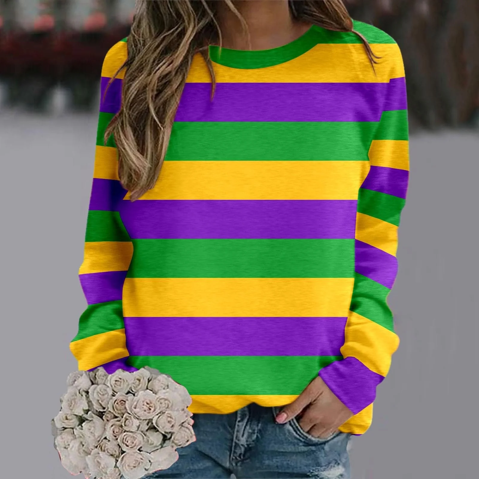 Женский свитшот Vhersily 2025, круглый вырез, длинный рукав, принт Mardi Gras Tuesday, для карнавальной вечеринки, фото №2