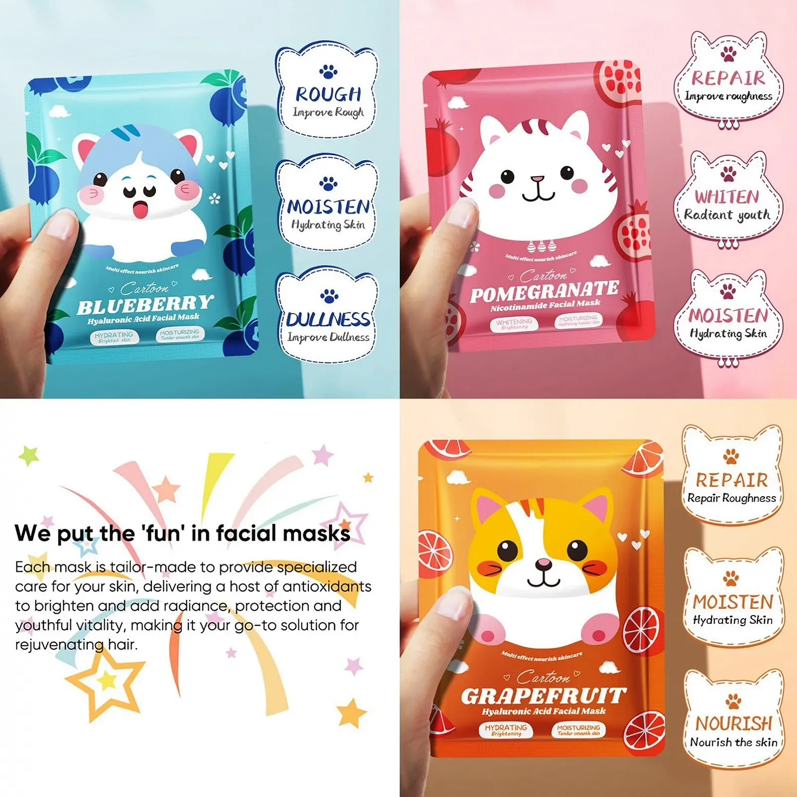 Тканевая Маска для Лица ARCHIDATE Фрукты (грейпфрут, апельсин, гранат, черника, клубника, персик) 6 шт, фото №2