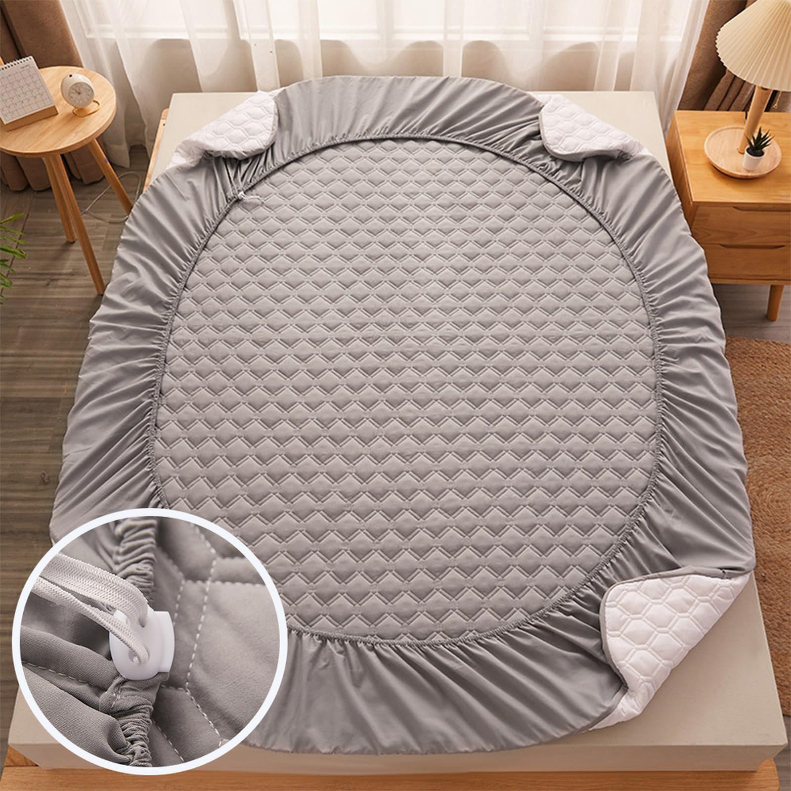 Наматрасник HAIBA 200 x 200 см Светло-серый стеганый натяжной лист до 30 см высоты матраса из микрофибры, фото №6