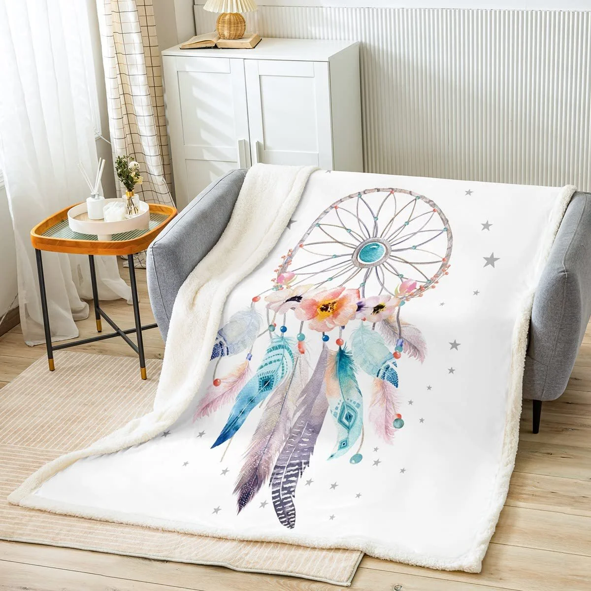Покривало Loussiesd Dream Catcher Фланель Фліс 150 x 200 см Богемний Ловець снів Квіти Пір'я, фото №2