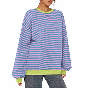 Свитшот CCOOfhhc Оверсайз В полоску Basic Круглый вырез Спортивная кофта Y2k Streetwear Свободный Длинный рукав Подростковый Полосатый Осень Зима - Фото 1
