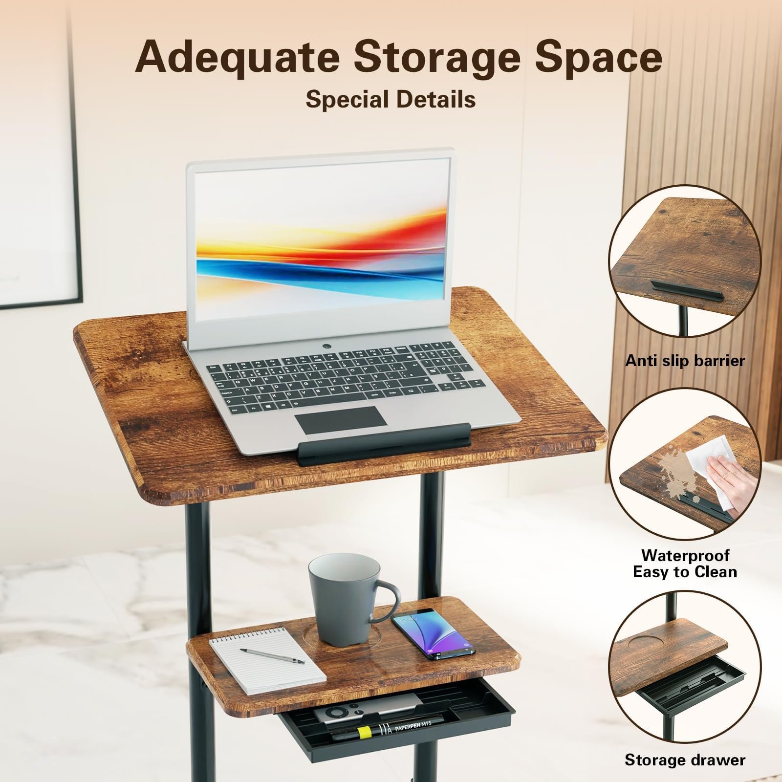 Мобільний стіл ETHU з регулюванням висоти, з нахилом стільниці та шухлядами, з колесами, візок для презентацій, з підставкою для чашки, фото №5