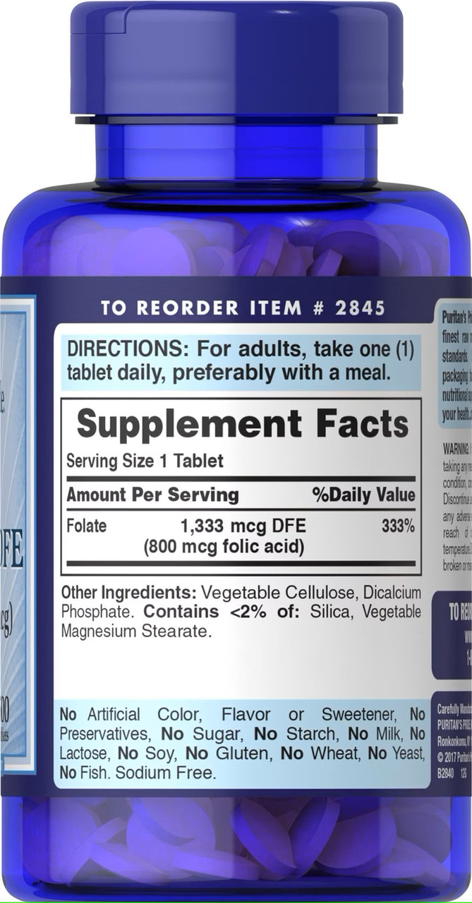 Фолиевая кислота Puritan's Pride Folic Acid 800 mcg 250tabl, фото №2