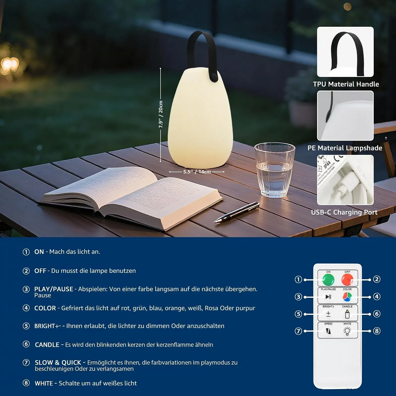 Настільна лампа LED Акумуляторна IP44 USB-C RGB 14 x 20 см 2 шт, фото №4