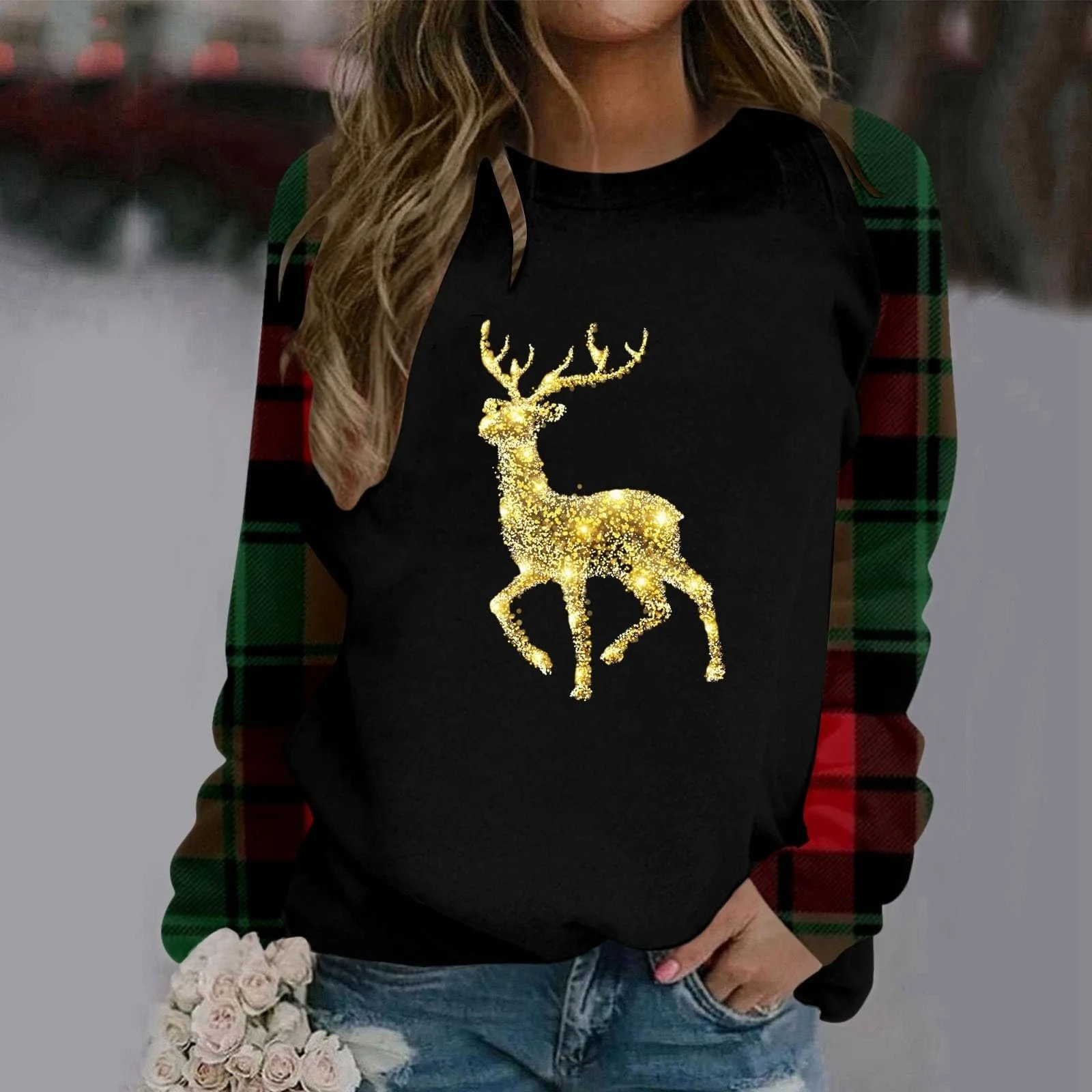 Рождественский джемпер Женский смешной свитшот с принтом оленя, круглый вырез, длинный рукав, повседневный уродливый рождественский свитер, свободные топы, рождественский джемпер для женщин больших размеров, фото №3