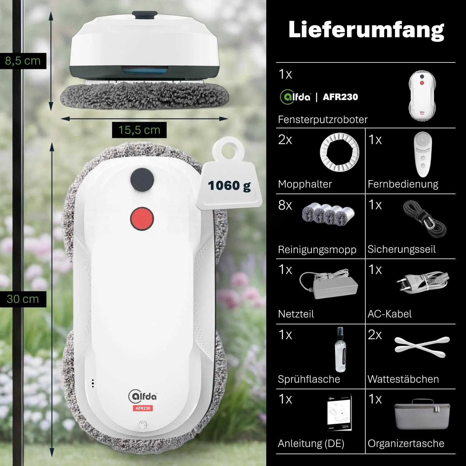 Робот для миття вікон alfda AFR230 з функцією подвійного розпилення, інтелектуальною навігацією та дистанційним керуванням, для внутрішніх і зовнішніх вікон, резервуар 60 мл, сумка для зберігання, 8 серветок, фото №9 Робот для миття вікон alfda AFR230 з функцією подвійного розпилення, інтелектуальною навігацією та дистанційним керуванням, для внутрішніх і зовнішніх вікон, резервуар 60 мл, сумка для зберігання, 8 серветок, фото №9