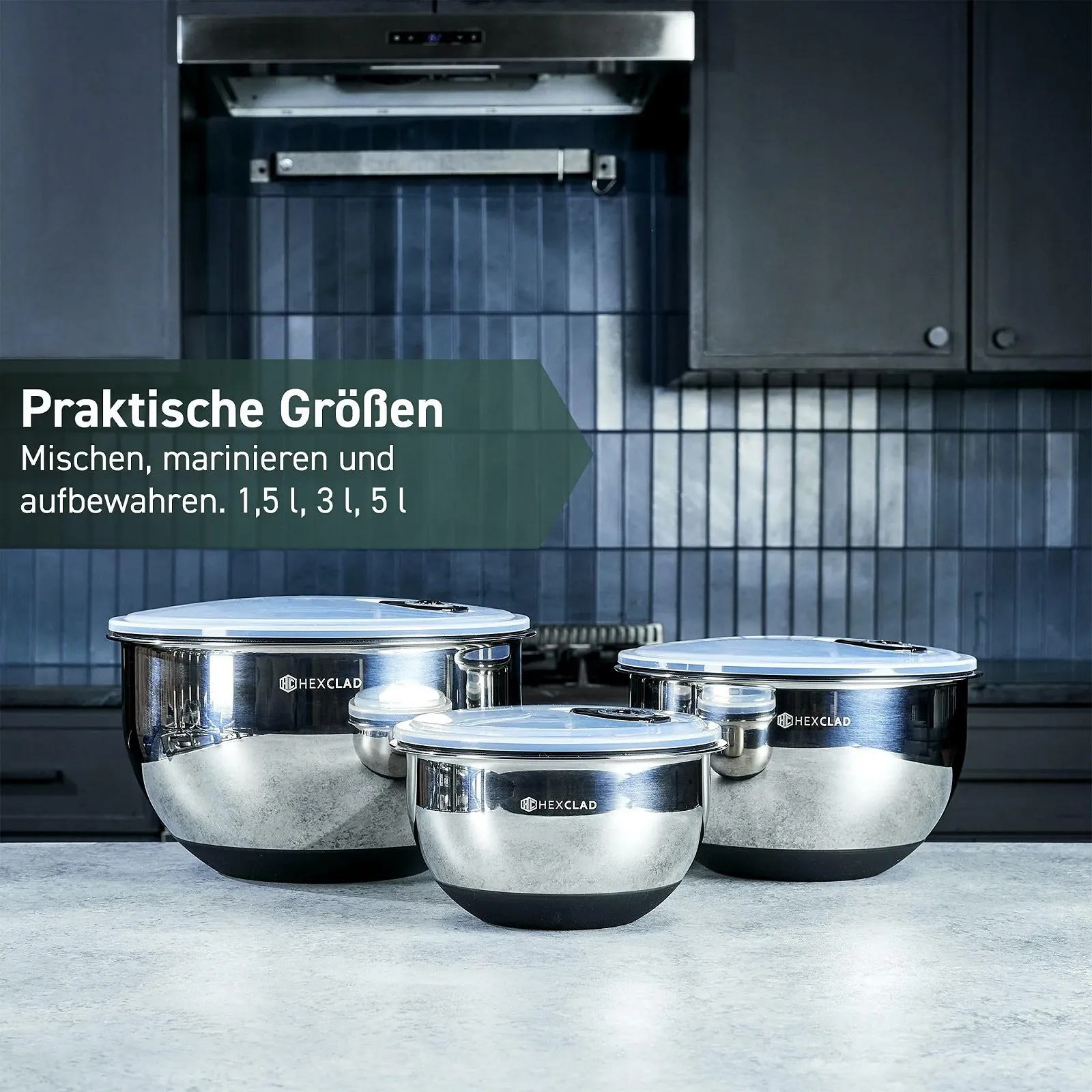 Набір мисок для змішування HexClad Stainless Steel з 3 предметів з нержавіючої сталі з кришками та силіконовою основою, фото №6 Набір мисок для змішування HexClad Stainless Steel з 3 предметів з нержавіючої сталі з кришками та силіконовою основою, фото №6